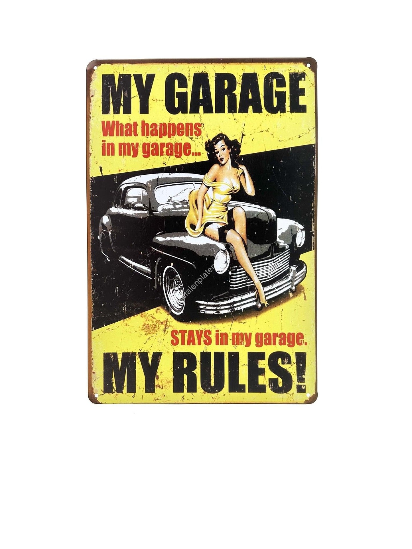 Metalen Wandbord - What happens in my garage - Reclamebord