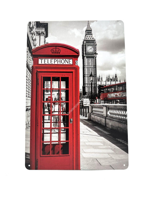 Metal Wall Sign - English Telephone Box with Big Ben - London